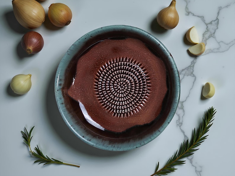 Handmade Ceramic Garlic Grater Bowl, 7" Glazed Grating Plate for Garlic, Cheese & Chocolate