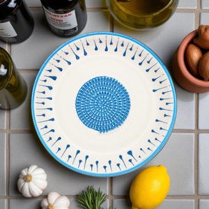 7&quot; Garlic Grater Bowl, Ceramic Ginger Grinder Plate, Blue Drops Grater Bowl, Handmade Grater for Cheese, Vegetable Rub Plate
