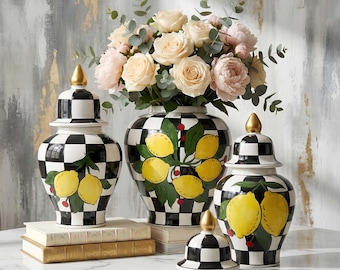 Barattolo di zenzero in ceramica con coperchio, barattolo di limone a scacchi, barattolo decorativo bianco e nero, barattolo di ceramica turco fatto a mano, decorazione per mensole