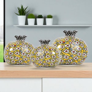 Handbemalte Granatapfelvase, gelbe Blütenvase, Keramiktischvase, handgefertigtes Vasenset, einzigartiges Vasengeschenk, moderne Vase für Flur