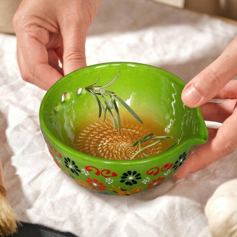 Herb Stripper Bowl & Garlic Grater, Ceramic Garlic Grater, 2 in 1 Herb Stripper Bowl, Grater with Spout, Handmade Kitchen Tool