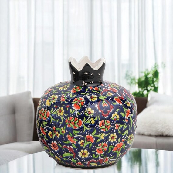 ハンドメイド陶器のザクロ花瓶セット：ミッドナイトブルームの花柄