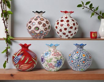 Turkish Ceramic Pomegranate Vases, Colorful Floral and Patterned Decor, Unique Artisan Home Accents for Shelf and Table Display
