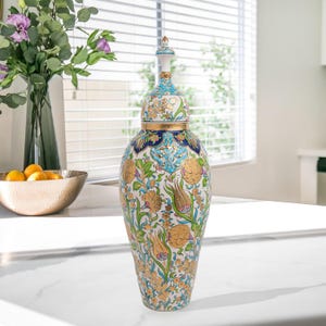 Ceramic Decorative Jar, Vizier Blossom Jar, Handmade Canister for Living Room Decor, Turkish Ceramic Jar with Lid, Decorative Jar Accent