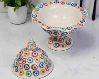 Turkish Sugar Bowl with Lid, Handmade Ceramic Storage Bowl, Decorative Hand Painted Bowl for Kitchen Decor, Sugar, Spices or Candy Storage