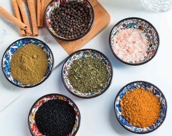 Cuencos de cerámica para especias hechos a mano: Platos turcos florales para preparar, juego de 6 cuencos para picar
