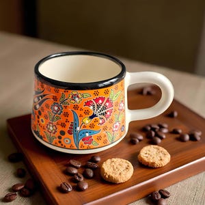 Ceramic Coffee Cups with Handle, 7 Oz Coffee Cups, Espresso Cups, Hand-Painted Handle Coffee Mug, Ceramic Cups Gift for Coffee Lover