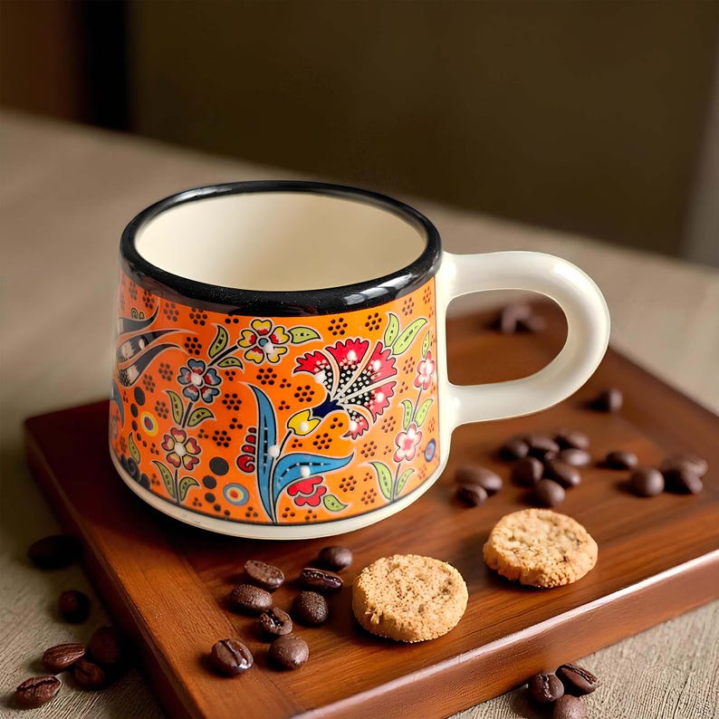 Ceramic Coffee Cups with Handle, 7 Oz Coffee Cups, Espresso Cups, Hand-Painted Handle Coffee Mug, Ceramic Cups Gift for Coffee Lover