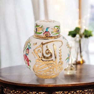 Ceramic Decorative Jar, Gold Calligraphy Jar, Turkish Jar with Lid, Handcrafted Ceramic Jar for Living Room Decor, Artistic Ceramic Jar