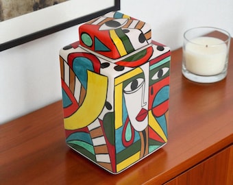 Tarro decorativo de cerámica de la musa cubista, hecho a mano para sala de estar, con tapa, para pasillo, cuadrado.