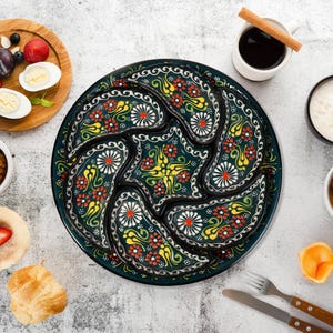 Ceramic Breakfast Snack Serving Tray, Turkish Style Dip Set, Emerald Green Hand Painted Appetizer Bowls, Unique Dining Gift Platter Set