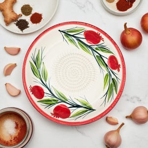 Ceramic Grater Bowl, 7&quot; Easy Garlic and Ginger Grinding Plate, Pomegranate Garden Grater Bowl, Artisan Rub Plate for Cheese and Chocolate