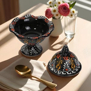 Hand Painted Turkish Sugar Bowl, Ceramic Bowl with Lid, Decorative Kitchen Storage Container, Traditional Ceramic Bowl for Spices or Candy