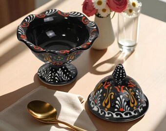 Hand Painted Turkish Sugar Bowl, Ceramic Bowl with Lid, Decorative Kitchen Storage Container, Traditional Ceramic Bowl for Spices or Candy
