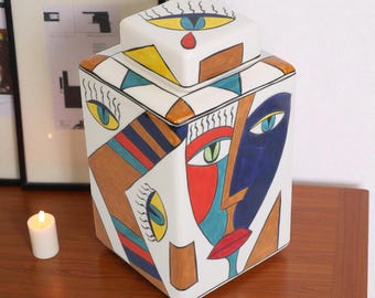 Tarro decorativo de cerámica con cara cubista geométrica, hecho a mano para sala de estar, con tapa, para pasillo, cuadrado.