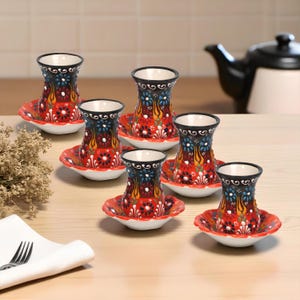 トルコティーカップ、陶器製トルコティーセット、ティーカップとソーサー、手作り陶器製ティーカップ、ヴィンテージティーセット、ティーパーティー愛好家へのギフト