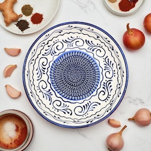 7&quot; Ceramic Grater Bowl, Garlic and Ginger Grinder Plate, Navy Wave Grater Bowl, Handmade Grater for Cheese, Chocolate, Vegetable