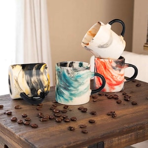 Ceramic Espresso Cups, 5 Oz Coffee Cups Set, Marble Look Ceramic Cups Set of 4, Decorative Turkish Cups, Ceramic Cups Set for Coffee Lovers