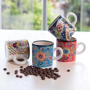 Ceramic Espresso Cups, 5 Oz Coffee Cups Set, Flower Bloom Ceramic Cups Set of 4, Decorative Turkish Cups, Ceramic Cups Set for Coffee Lovers