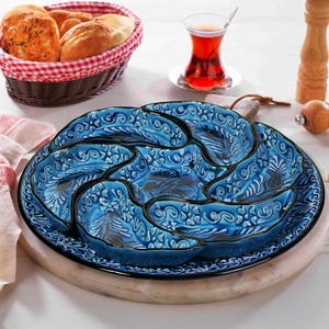 Snack Serving Tray Set, Hand Painted Turkish Ceramic Dip Bowls, 8 Pieces Breakfast Bowls Set, Decorative Ceramic Platters, Housewarming Gift