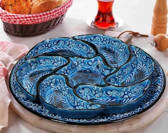Snack Serving Tray Set, Hand Painted Turkish Ceramic Dip Bowls, 8