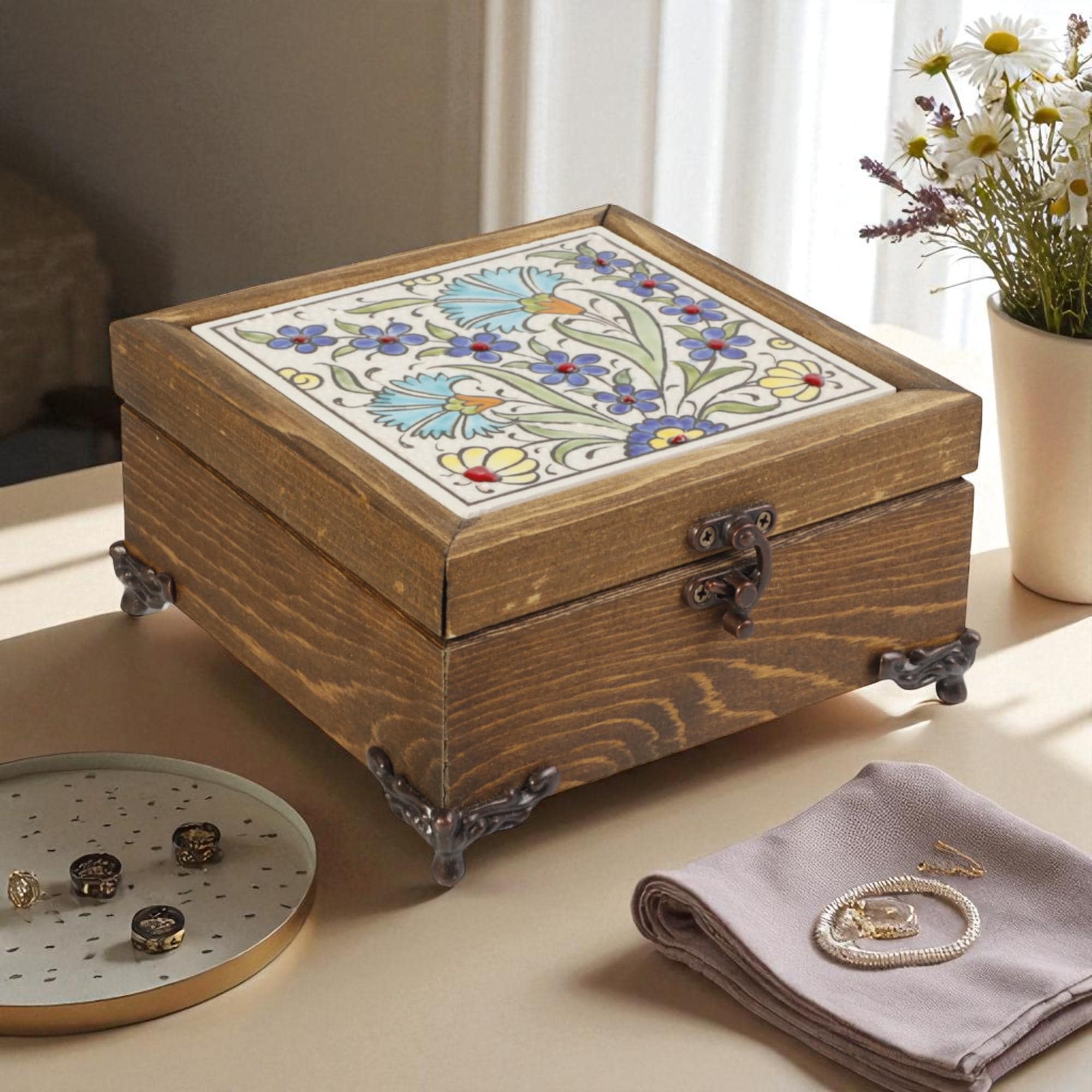 Handmade Wooden Jewelry Box, Songbird Garden Ceramic Box, Turkish Ceramic Tile Keepsake, Organizer for Necklaces & Bracelets, Gift for Her