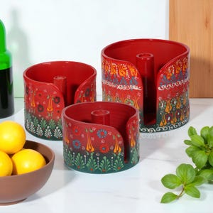 Ceramic Kitchen Paper Roll Holder, Handmade Ceramic Paper Towel Holder, Napkin Holder, Red & Green Paper Towel Holder, Kitchen Organizing