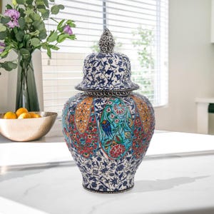 Ceramic Decorative Jar, Garden Song Jar, Handmade Ceramic Jar with Lid, Decorative Jar for Tabletop, Turkish Jar for Cozy Kitchen Decor