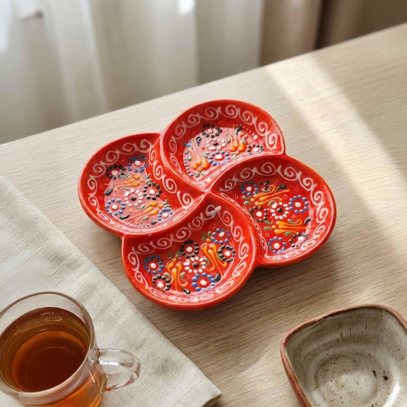 Handmade Turkish Ceramic Snack Platter, 4 Compartment Serving Tray