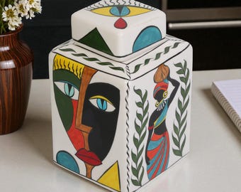 Tarro decorativo de cerámica con diseño geométrico, hecho a mano para sala de estar, con tapa, para pasillo, cuadrado.