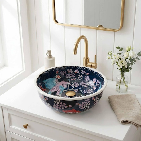 Handpainted Ceramic Vessel Sink, Midnight Blossom Bathroom Basin, Dark Floral Vanity Sink, Artistic Countertop Wash Basin, Luxury Sink