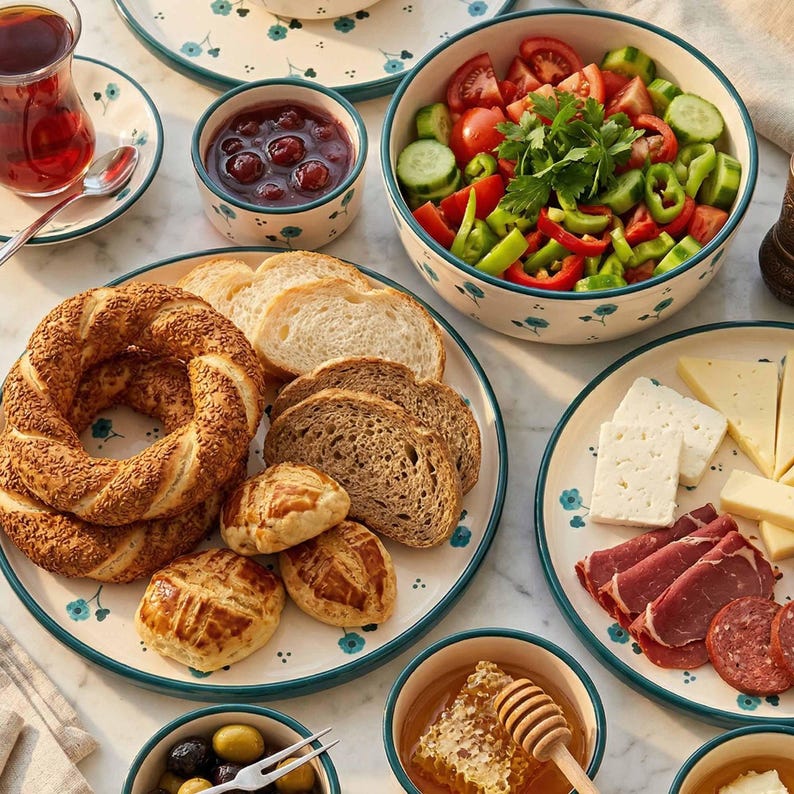 K&ouml;nnte beinhalten: Ein Tisch mit verschiedenen Gerichten: Brot, K&auml;se, Fleisch, Salat und Marmelade. Die Teller und Schalen haben ein Blumenmuster mit einem t&uuml;rkisfarbenen Rand. Ein Glas Tee ist zu sehen. Ein Honigtopf und ein Honigl&ouml;ffel vervollst&auml;ndigen das Arrangement.
