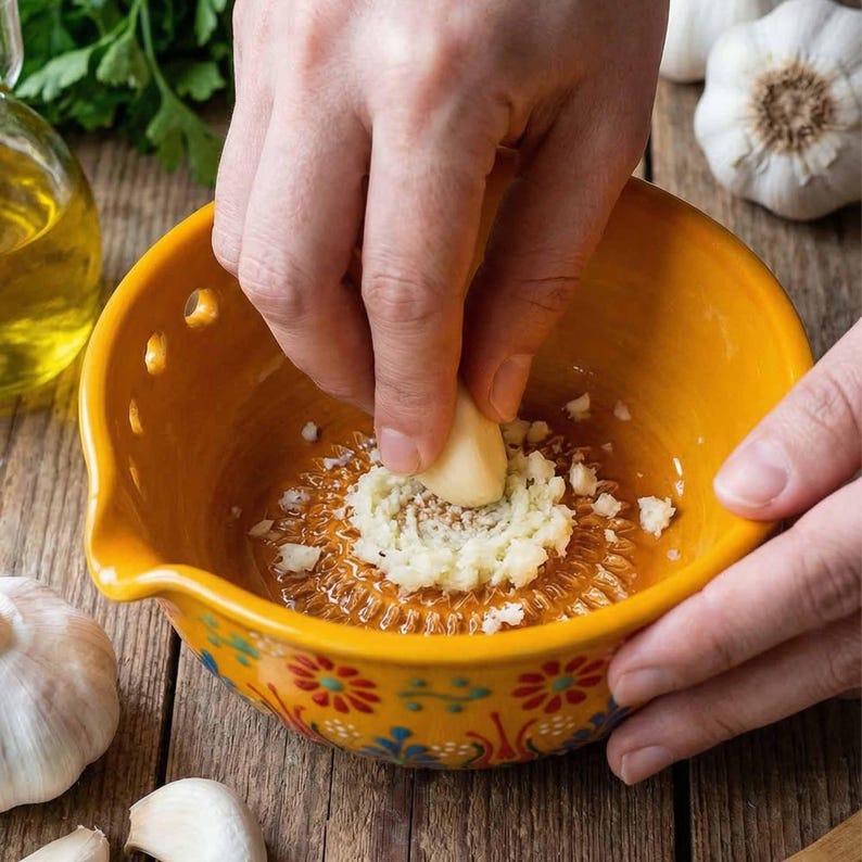 Herb Stripper Bowl & Garlic Grater, Ceramic Garlic Grater, 2 in 1 Herb Stripper Bowl, Grater with Spout, Handmade Kitchen Tool