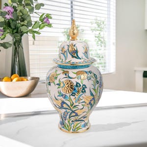 Ceramic Decorative Jar, Golden Bloom Jar, Turkish Ceramic Jar with Lid, Handmade Jar for Home Decor, Decorative Jar Accent, Luxury Jar Gift