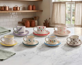 Tazas de café de cerámica con platillos, juego de tazas de espresso, tazas de cerámica pintadas a mano, taza con asa, regalo de tazas de cerámica para amantes del café.