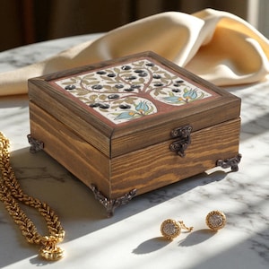 Artisan Jewelry Box, Tree Bloom Ceramic Box, Handmade Turkish Ceramic Keepsake Box, Wooden Organizer for Women’s Accessories & Gift