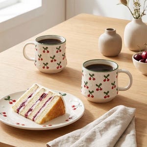 Puede incluir: Dos tazas de cerámica blanca con un estampado de cerezas, llenas de café, están sobre una mesa de madera. También hay una porción de pastel en un plato a juego y un jarrón pequeño. Las tazas tienen un borde y un asa verdes.