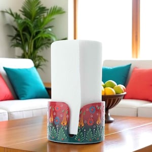 Suporte de rolo de papel de cozinha de cerâmica, porta-toalhas de papel de cerâmica feito à mão, porta-guardanapos, porta-toalhas de papel vermelho e verde, organizador de cozinha