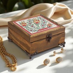 Decorative Ceramic Jewelry Box, Tulip Garden Ceramic Box, Handmade Turkish Wood Keepsake Box, Organizer Gift for Women’s Accessories