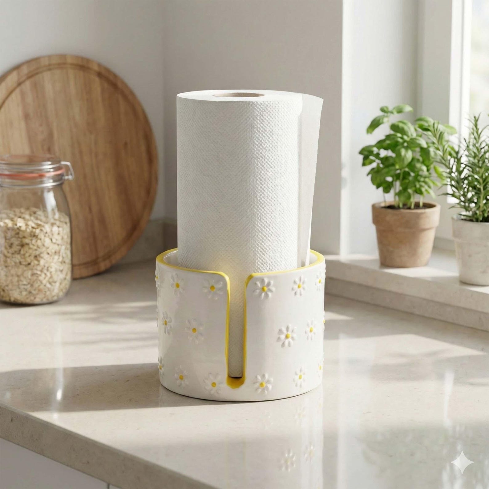 Daisy Meadow Ceramic Paper Towel Holder, Handmade Kitchen Organizer, Paper Roll Holder, Kitchen Organizing, Yellow Trim Towel Stand