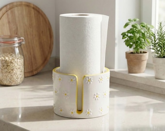 Daisy Meadow Ceramic Paper Towel Holder, Handmade Kitchen Organizer, Paper Roll Holder, Kitchen Organizing, Yellow Trim Towel Stand