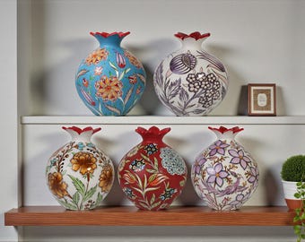 Hand Painted Ceramic Pomegranate Vase Collection, Elegant Floral Artwork, Colorful Decorative Home Accents for Shelf and Table Styling