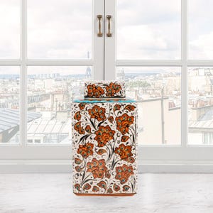 Ceramic Decorative Jar, Terracotta Bloom Jar, Unique Ceramic Jar for Living Room, Handmade Jar with Lid, Turkish Jar, Ceramic Square Jar
