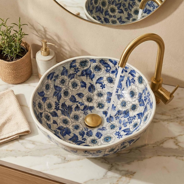 Handpainted Ceramic Vessel Sink, Blue Floral Bathroom Basin, Classic Porcelain Vanity Sink, Artistic Countertop Wash Basin, Powder Room Sink