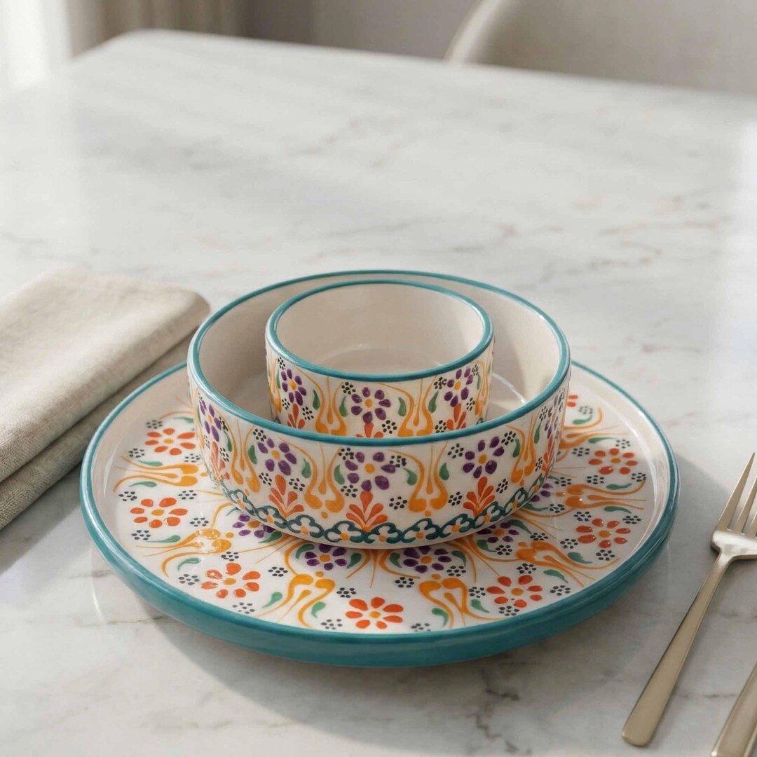 Türkisches Keramikgeschirrset, buntes mediterranes Tellerschüsselset, handbemaltes Küchengeschirrset, Boho-Geschirr, Geschirrsets
