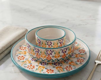 Türkisches Keramikgeschirrset, buntes mediterranes Tellerschüsselset, handbemaltes Küchengeschirrset, Boho-Geschirr, Geschirrsets