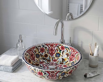 Handpainted Ceramic Vessel Sink, Multicolor Floral Bathroom Basin, Ornamental Bohemian Vanity Sink, Decorative Countertop Wash Basin