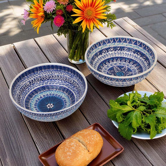 Handmade Turkish Ceramic Salad Bowl Set: Ottoman Blue, Set of 2 Cereal Bowls