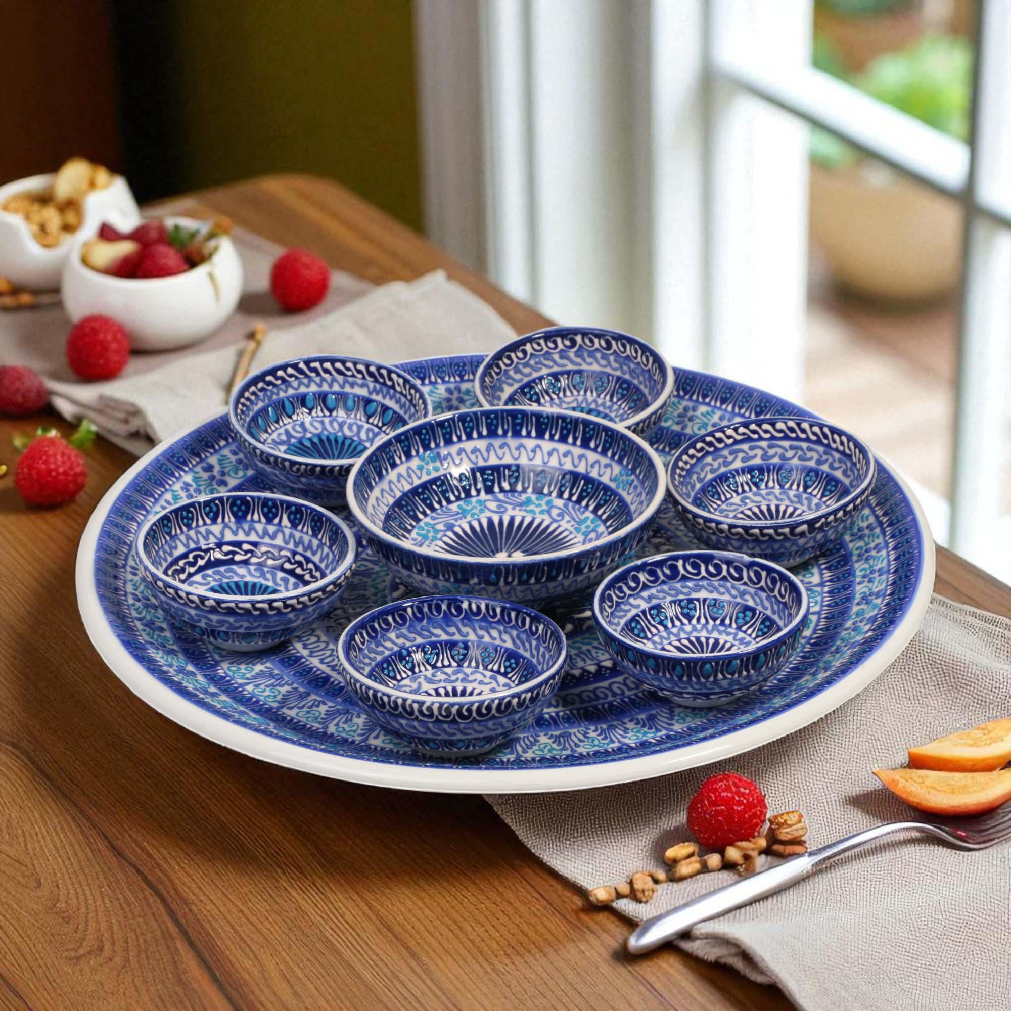 Handmade Turkish Ceramic Snack Tray Set: Blue Floral Serving