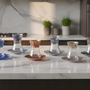 Türkisches Teeglas, Premium Teeglas-Set mit Untertassen, Handgefertigte Ottomane Teetassen, Handbemalte Teegläser mit Gold, Türkisches Teeglas-Set